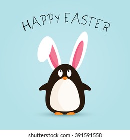 Funny easter card with penguin wearing bunny ears