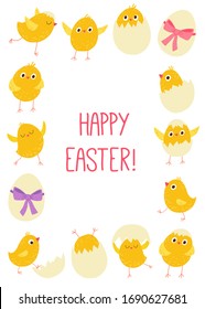 Funny Easter cards set. Cute chicks and eggs. Cartoon vector hand drawn eps 10 illustration isolated on dark background in a flat style.