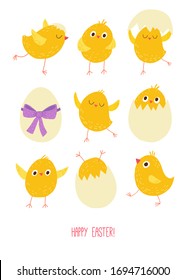 Funny Easter cards set. Cute chicks and eggs. Cartoon vector hand drawn eps 10 illustration isolated on dark background in a flat style.