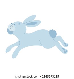 Funny Easter cartoon rabbit character. Bunny blue on a white background. For the design of children's parties, postcards, prints on T-shirts, etc. Symbol 2023.Vector illustration.