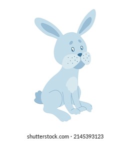 Funny Easter cartoon rabbit character. Bunny blue on a white background. For the design of children's parties, postcards, prints on T-shirts, etc. Symbol 2023.Vector illustration.
