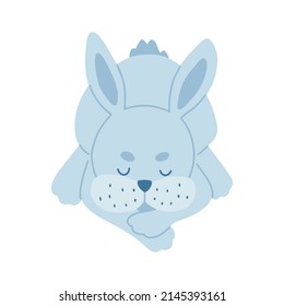 Funny Easter cartoon rabbit character. Bunny blue on a white background. For the design of children's parties, postcards, prints on T-shirts, etc. Symbol 2023.Vector illustration.