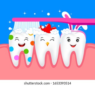 Funny Easter cartoon tooth character with toothbrush. Happy Easter day concept. Illustration.