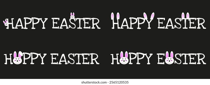 Funny Easter chalk texture Font template design isolated black background. Set of Happy Easter Font with Easter bunny. Vector letters collection. EPS 10