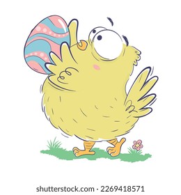 Funny Easter chick carries an Easter egg in his hands