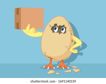 Funny Easter Chick Hatching Egg Holding Delivery Package. Small chicken with cardboard box ordered online
