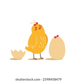 Funny Easter chicken girl.  Birth of yellow chick from cracked egg.  Happy cartoon character, hand drawn vector illustration, isolated on white background. Flat design