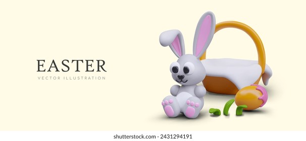 Funny Easter concept in cartoon style. Little rabbit is sitting near basket