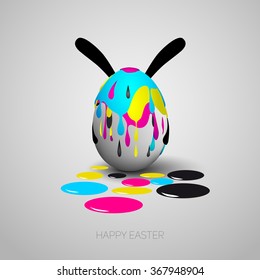 Funny Easter egg with rabbit ears, Cyan, magenta, yellow, black color stain on eggs, CMYK color theme