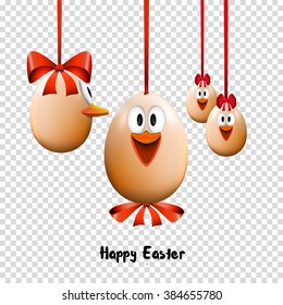 Funny Easter eggs with a bow, Happy Easter Card, on transparent background