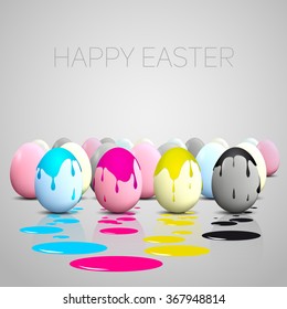 Funny Easter eggs, Cyan, magenta, yellow, black color stain on eggs, CMYK color theme