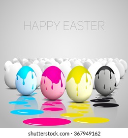 Funny Easter eggs, Cyan, magenta, yellow, black color stain on eggs, CMYK color theme