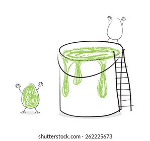 Funny Easter eggs with paint in the bucket