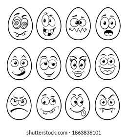 Funny Easter Eggs set with emoticon cartoon character faces, flat vector design