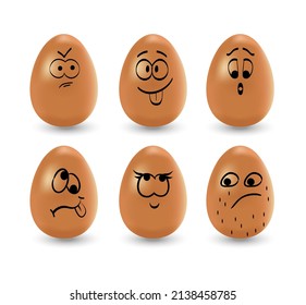 Funny Easter eggs set vector. Realistic brown eggs on a white background. Faces, eyes, grimaces, hand drawn with a marker on the eggs. Happy and sad Easter eggs with emotions.