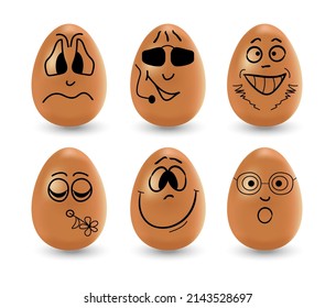 Funny Easter eggs set vector. Realistic brown eggs on a white background. Faces, eyes, grimaces, hand drawn with a marker on the eggs. Happy and sad Easter eggs with emotions.