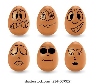 Funny Easter eggs set vector. Realistic brown eggs on a white background. Faces, eyes, grimaces, hand drawn with a marker on the eggs. Happy and sad Easter eggs with emotions.