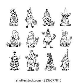 Funny Easter garden gnomes isolated clip arts bundle, Cute dwarfs with Easter eggs and flowers, Easter kids characters, vector