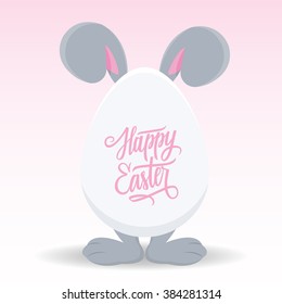 Funny Easter greeting card. Easter bunny with Easter egg. Vector illustration.