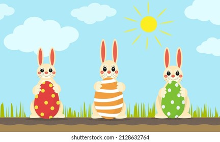 A funny Easter greeting card, three cute bunnies holding big colorful eggs in their paws, a sunny day with clouds, rabbits egg hunting illustration