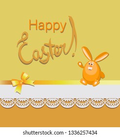 Funny Easter hare on a yellow-orange background with lace. Happy easter. Poster, postcard with a funny character, bow and lace. Design for textiles, gift bags.
