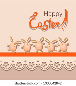 Funny Easter hares. Happy easter. Poster, card with funny characters, bow and lace. Design for textiles, gift bags.
