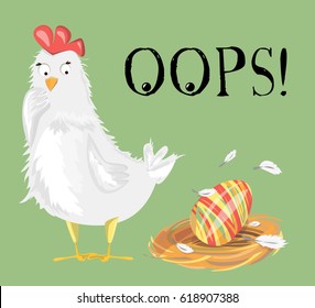 Funny Easter hen with egg in nest. Print. Poster. Isolated. Card. Vector