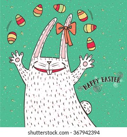 Funny Easter illustration with Easter bunny and Easter eggs. Vector illustration