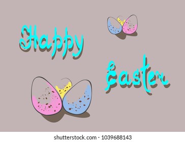 Funny Easter illustration with colorful eggs, happy Easter handwritten text on gradient background. Hand-drawn design for postcard, poster, invitation, Wallpaper, decor, banner, window decoration