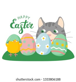 Funny Easter illustration with gray cat, chicken and eggs