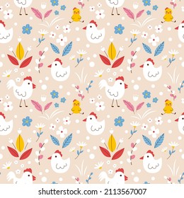 Funny Easter print with chicken and rooster on blooming meadow. Cute seamless vector pattern for kids textile or printing or wrapping paper