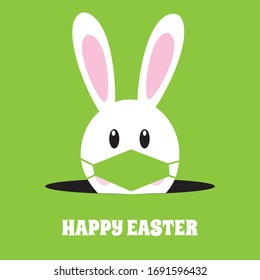 Funny easter rabbit with mask on face against Coronavirus. Easter EPS green vector background. Stock card with happy Easter wish.