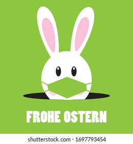 Funny easter rabbit with mask on face against Coronavirus. Easter EPS green vector background. Stock card with happy Easter wish. German text meaning "Frohe Ostern" - Happy Easter