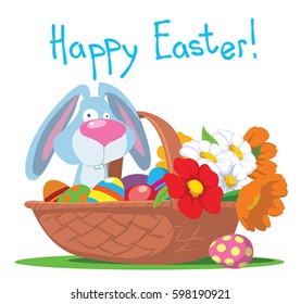 Funny Easter rabbit sitting in the basket with flowers and Easter eggs. Cartoon vector illustration