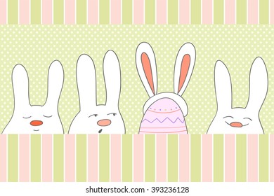 Graciosos conejos de Pascua y huevo con orejas sobre fondo verde con patrón de puntos