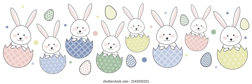 Funny Easter rabbits and eggs. Banner concept. Vector
