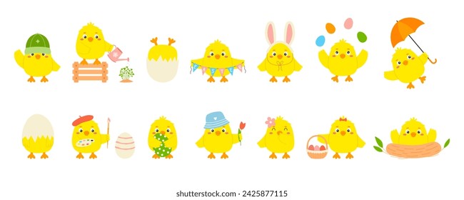 Funny easter yellow chick character set. Cute baby chickens in various poses. Little baby farm birds collection. Hand drawn vector illustration 