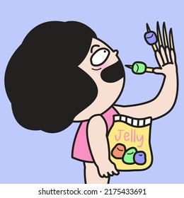 A Funny Eater Girl Grows Long And Strong Nails To Pick Up Snacks Concept Card Character illustration