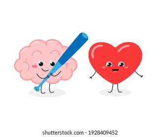 Funny ecstatic heart character and smiling human brain holding baseball bat. Reasons of mind against emotions humorous concept. Vector flat illustration isolated on white background