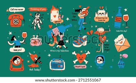 A funny and edgy set of Anti-Valentine's Day vector cards featuring heartbreak, voodoo dolls, and sassy quotes