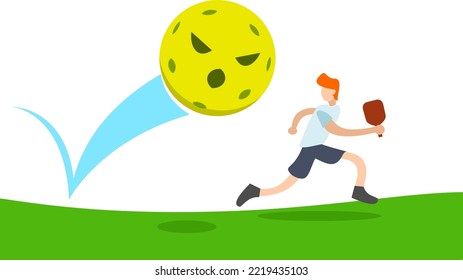 Funny editable vector illustration of Pickleball player running with ball chasing behind him