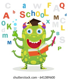 Funny Education Monster In White Background. Cartoon Vector Illustrations. Back To School Theme. Colored Letters Vector. Cartoon Monster Mascot.