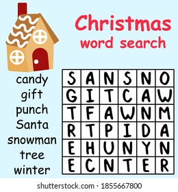 Funny educational Christmas word search puzzle stock vector illustration. Find all hidden words in puzzle. Happy winter pastime printable kids worksheet. Gingerbread house square activity game page