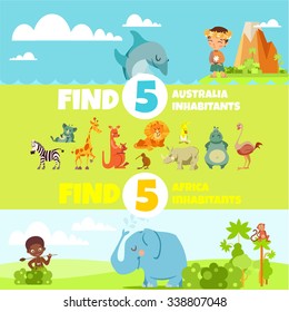 Funny educational game design concept with cute cartoon animals for preschool children. Find australia and africa animals. Vector illustration