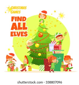 Funny educational game design concept with cute christmas elves for preschool children. Find and count all elves at the picture. Vector illustration