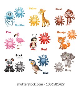Funny Educational Kids Set. Learning Colors. Jellyfish is Sky Blue, Monkey is Brown. Elephant is Grey. Flamingo is Pink. Fox is Orange. Giraffe is Yellow. Cartoon Isolated Animals with Color Splash