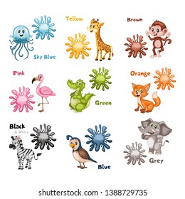 Funny Educational Kids Set. Learning Colors. Jellyfish is Sky Blue, Bear is Brown. Flamingo is Pink. Alligator is Green. Fox is Orange. Giraffe is Yellow. Cartoon Isolated Animals with Color Splash