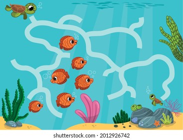 Funny educational maze game for kids with cute sea turtles. Let’s help the mother sea turtle to find her baby. Vector illustration.