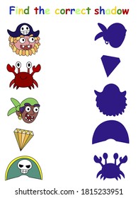 Funny educational pirate game - find the correct shadow stock vector illustration. Shadow matching visual game for kids with two smiling pirates, funny crab, yellow brilliand and pirate skull hat.
