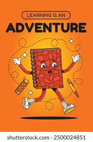 Funny educational poster or banner with groovy trendy retro trippy psychedelic notebook, copybook, workbook character or mascot and yellow orange gradient background. Back to school poster or flyer.